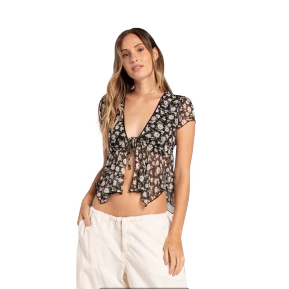 Full Tilt Sheer Black  Floral Babydoll Top XS
